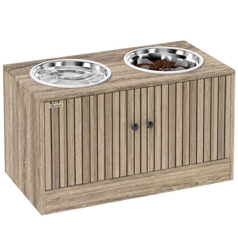PawHut Hundefutterstation mit 2 Edelstahl-Näpfen, Schrank für Utensilien, für große Hunde, Zubehör, Braun