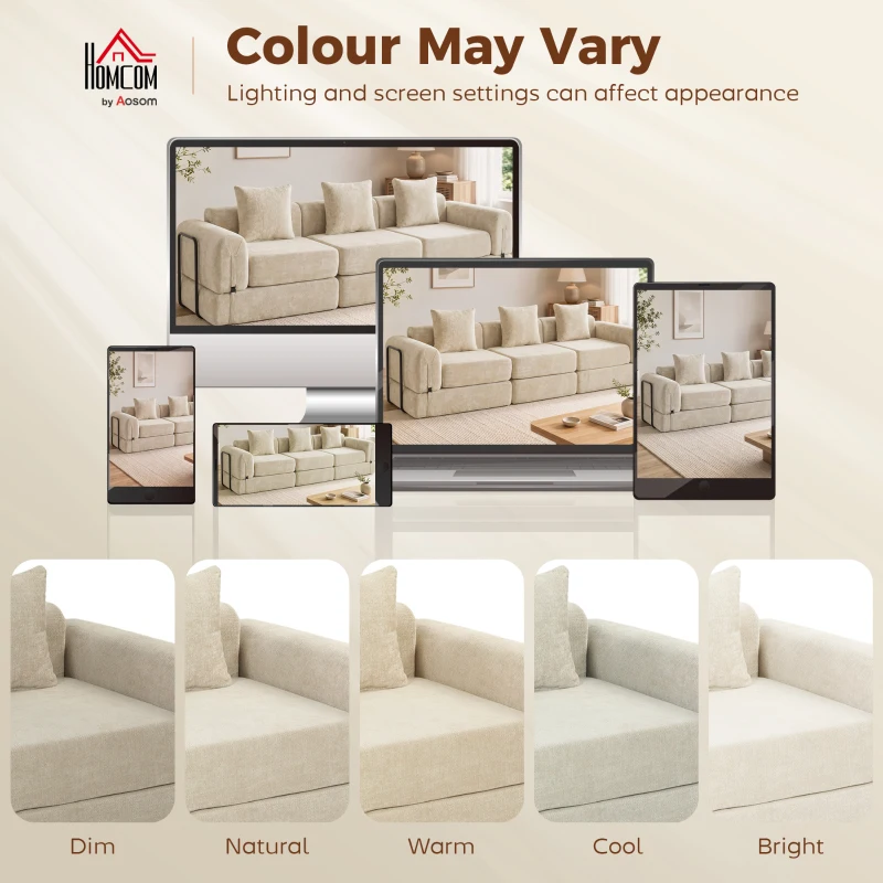 HOMCOM Canapé-Lit Pliable 245 cm, Canapé Compressé 3 Places Modulaire en Chenille avec Assise large, 3 Coussins, Beige