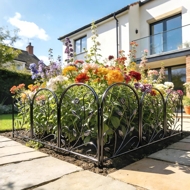 Outsunny Gartenzaun Zaun aus Metall 80 x 60 cm Dekorativer Gitterzaun Set mit Fuß für Garten Blumenbeete Tierbarriere Schwarz