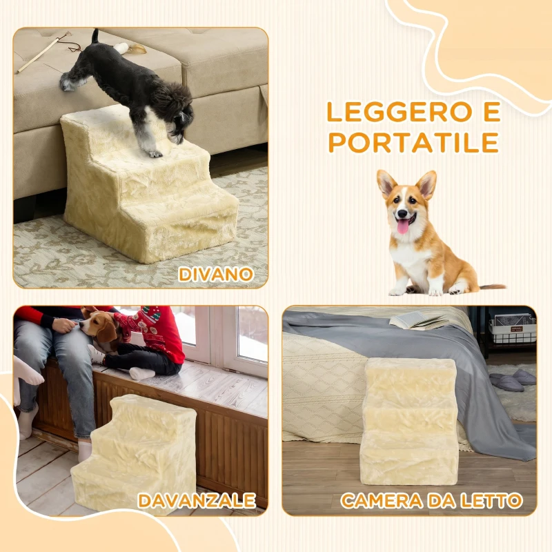 PawHut Scala per Cani a 3 Gradini, Scaletta per Cani e Gatti di 4.5 kg in Velluto Sfoderabile e Lavabile, Beige