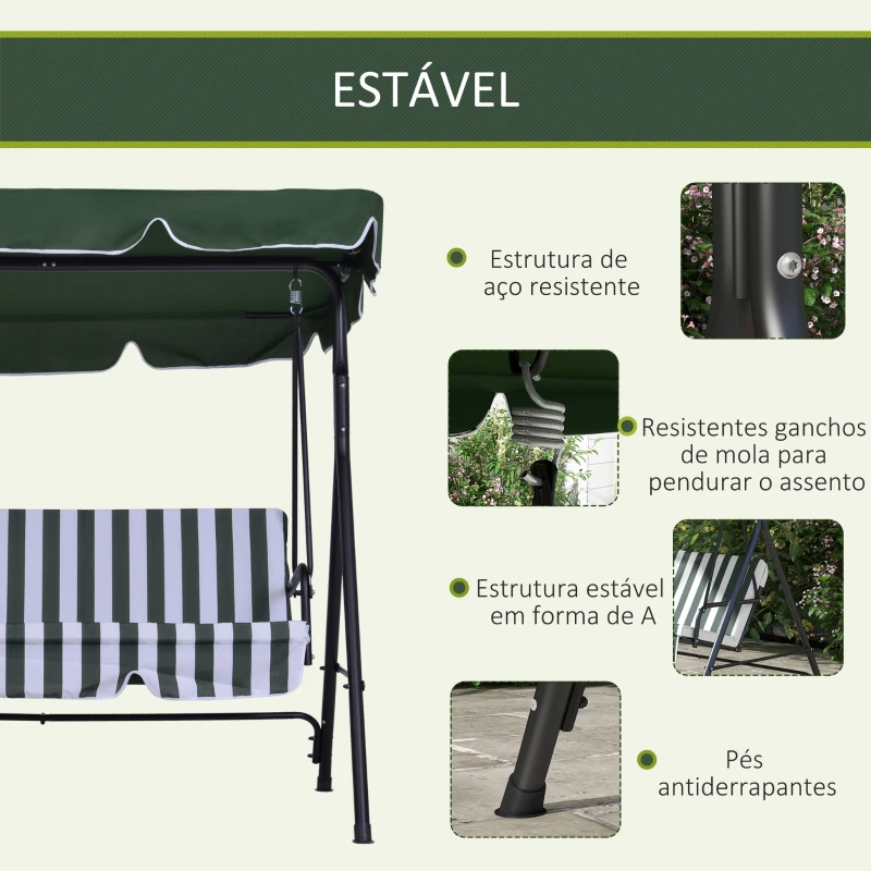 Outsunny Baloiço de Jardim de 3 Lugares com Almofada Toldo Ajustável e Estrutura de Aço para Balcão Terraço 172x110x153 cm Verde