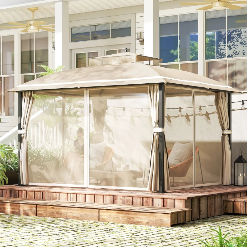 Outsunny Pérgola de Jardim 370x303x290 cm com Telhado Duplo Cortinas Laterais e Mosquiteiras Resistente à Água e Anti-UV Bege