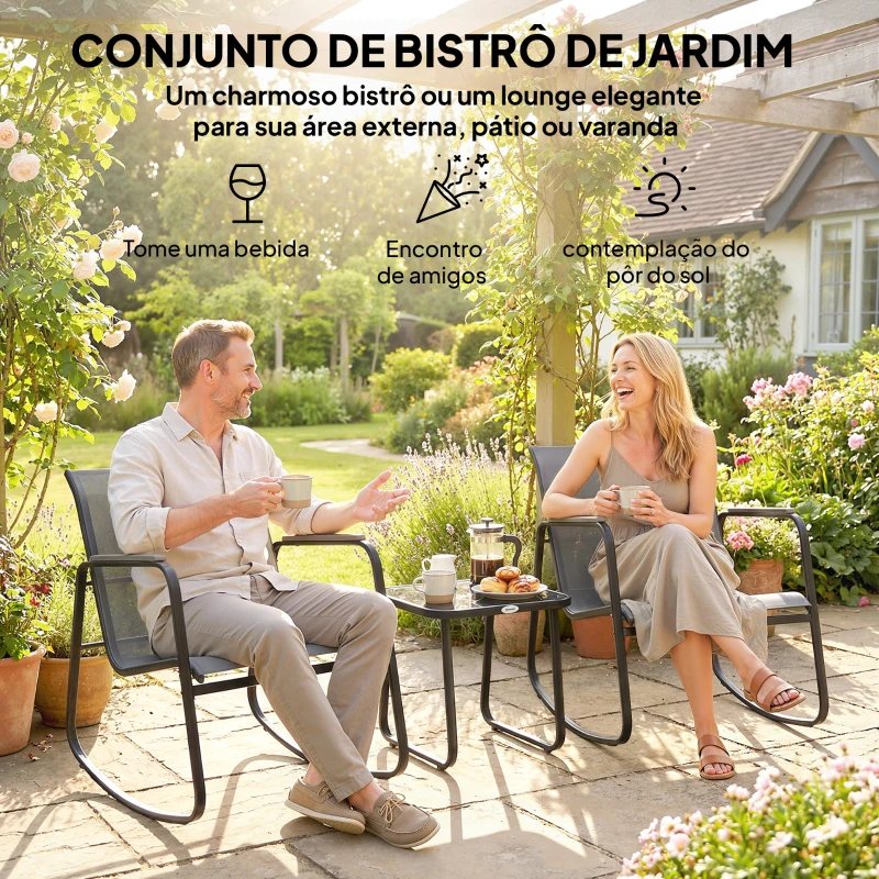 Outsunny Conjunto de Jardim de 3 Peças com 2 Cadeiras de Balanço e Mesa com Tampo de Vidro e Estrutura de Aço para Pátio, Cinza