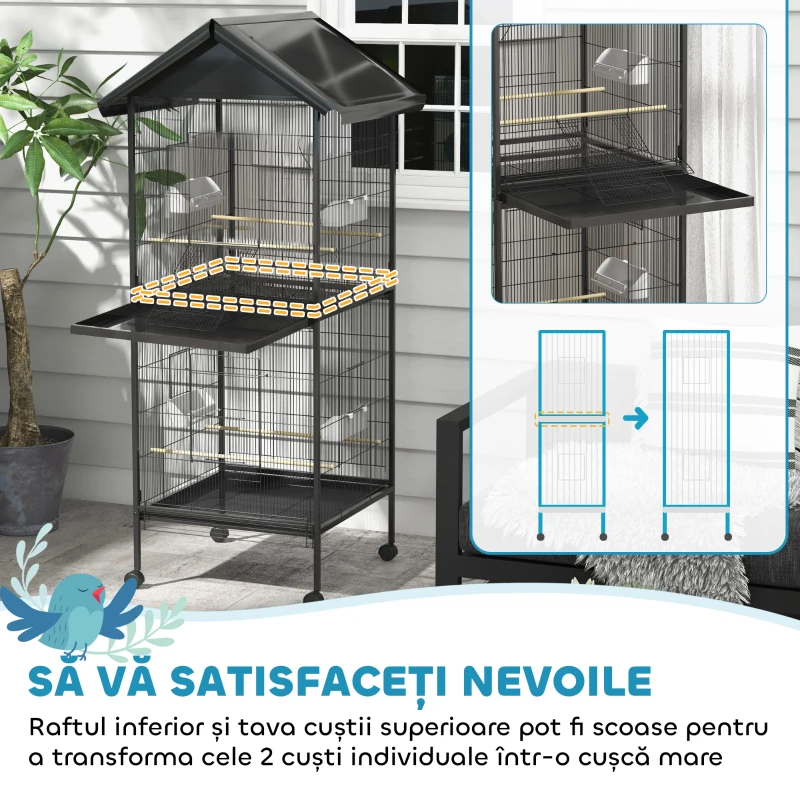 PawHut Volieră pentru Păsări pe Roți cu Tăvițe Detașabile din Plastic și Stinghii, Colivie pentru Canari din Metal, 168 cm, Negru