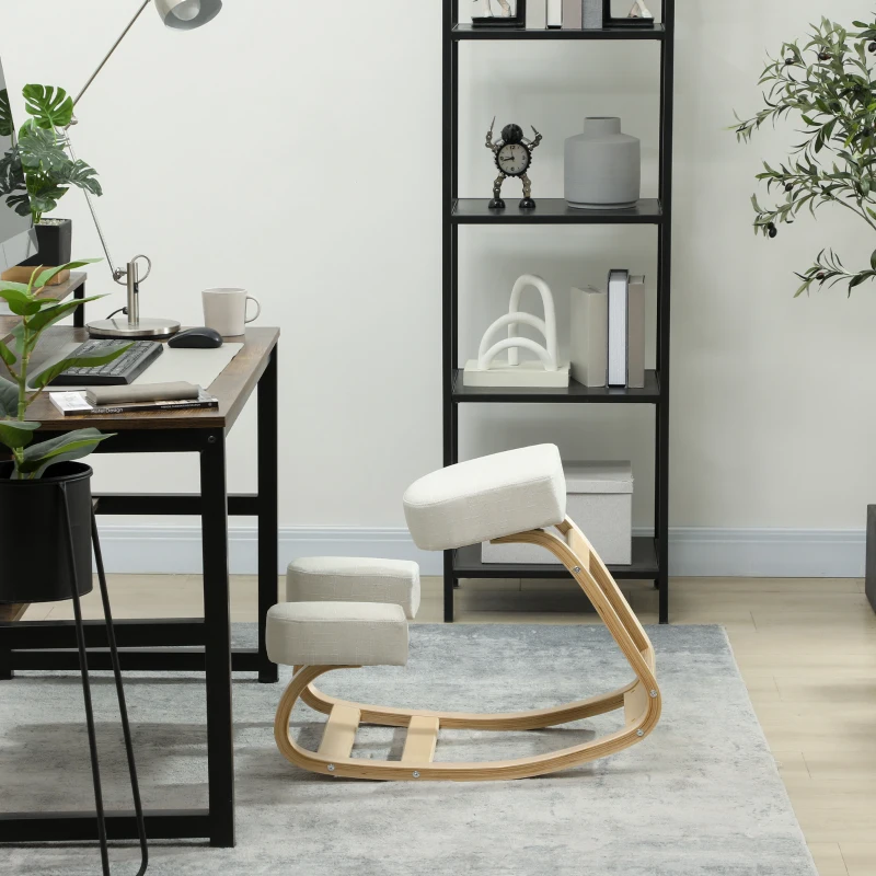 Vinsetto Sedia Ergonomica con Inginocchiatoio in Legno di Betulla e Cuscino, 51x69x58 cm, Crema