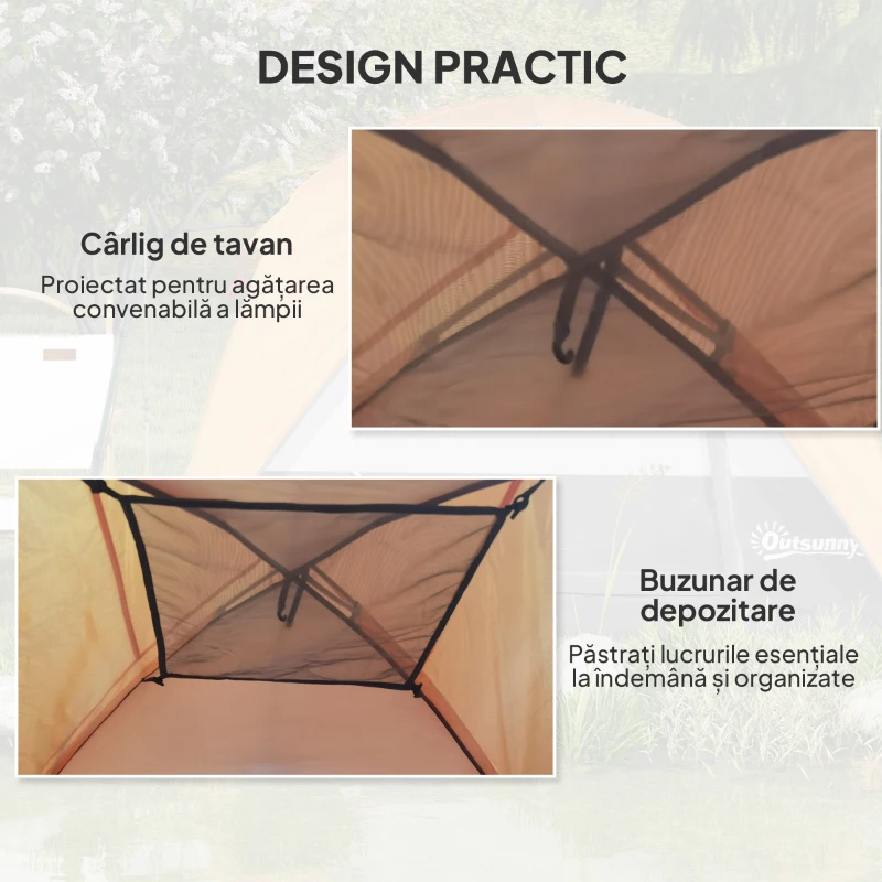 Outsunny Cort de camping impermeabil pentru 3 persoane, cu buzunar, cârlig pentru lanternă și husă, 2x2x1.35m, portocaliu