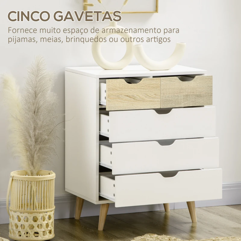 HOMCOM Cómoda com 5 Gavetas e Pés Elevados Cómoda para Dormitório Estilo Moderno Anti-Tombo 60x40x77,5cm Madeira e Branco