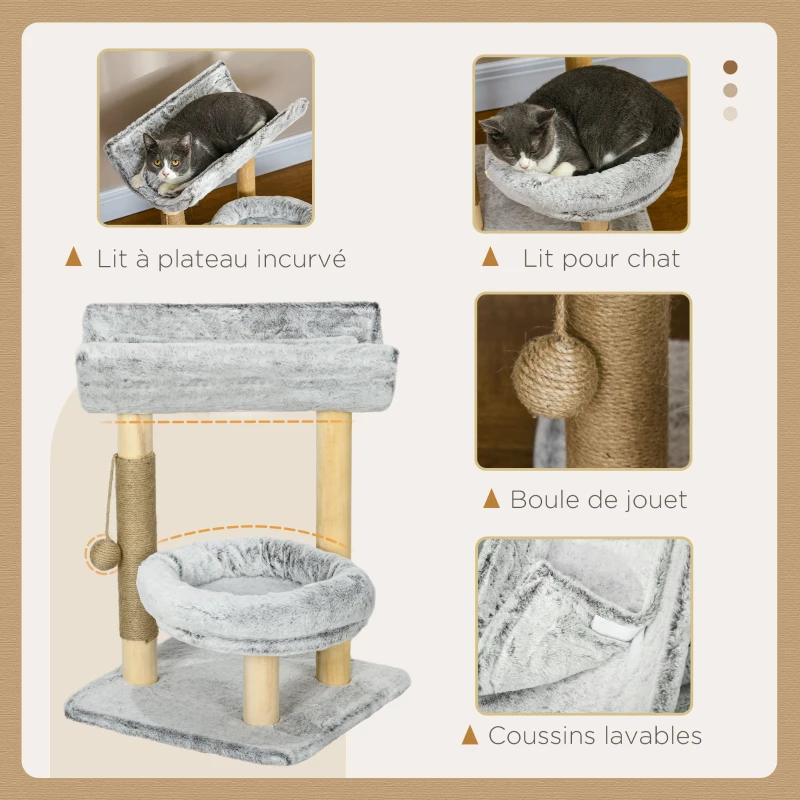 PawHut Abre à chat avec griffoir 1 niche supérieure avec coussin lavable 1 niche ronde peluche hauteur 60 cm gris