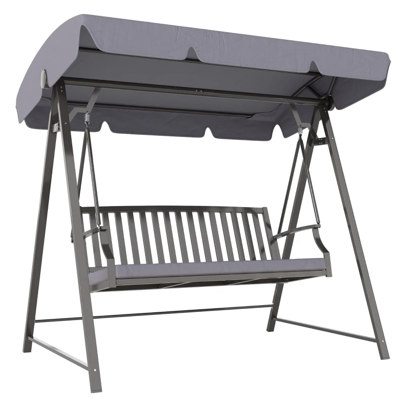 Outsunny Baloiço de Jardim para 3 Pessoas Banco Baloiço com Toldo Ajustável Almofada e Estrutura de Aço 205x133x181 cm Cinzento