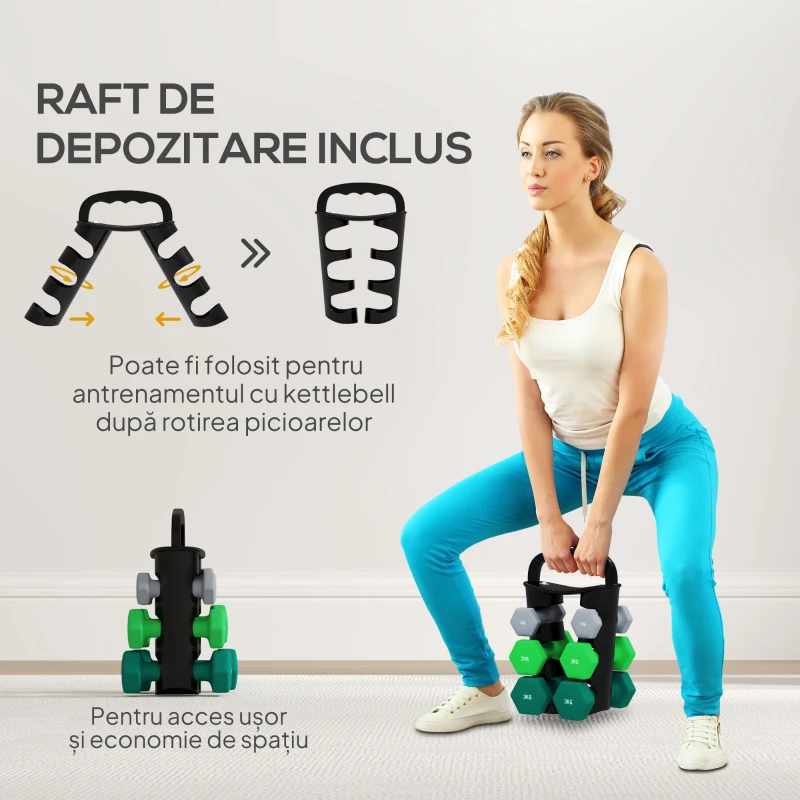 SPORTNOW Set de 6 gantere (2x1 kg, 2x2 kg, 2x3 kg) de 12 kg, cu suport/Kettlebell, din metal și plastic, multicolor