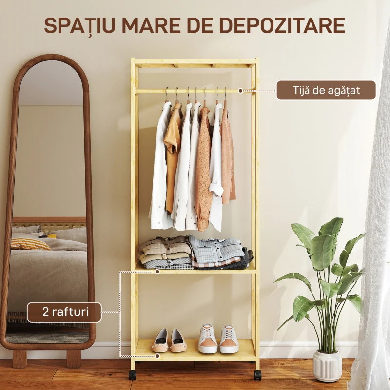 HOMCOM Suport de haine din bambus, cu bară, rafturi și 4 roți, 70x35x175 cm, lemn natural