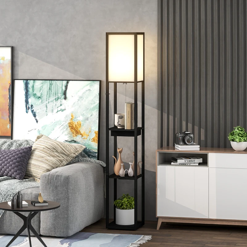 HOMCOM Stehlampe mit 3-stufigem Regal, Fußschalter, USB-Anschlüssen, MDF, Schwarz