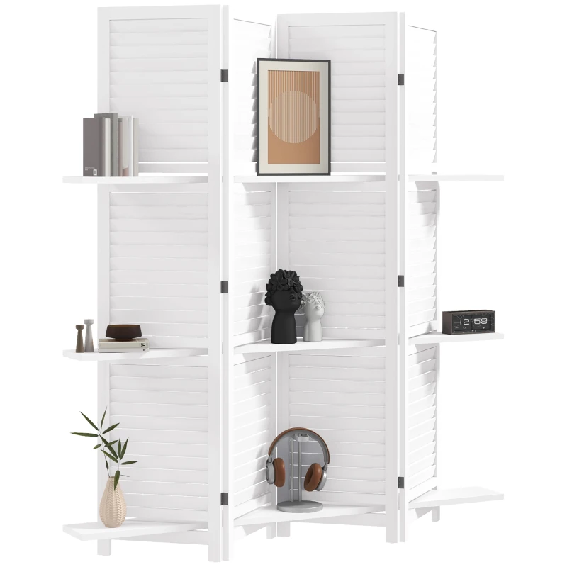 HOMCOM Paravent Intérieur en Bois 4 Panneaux 160 x 170 cm, Séparateur de Pièce Pliable avec 3 Étagères, Cloison de Séparation pour Salon, Chambre à Coucher, Maison, Blanc