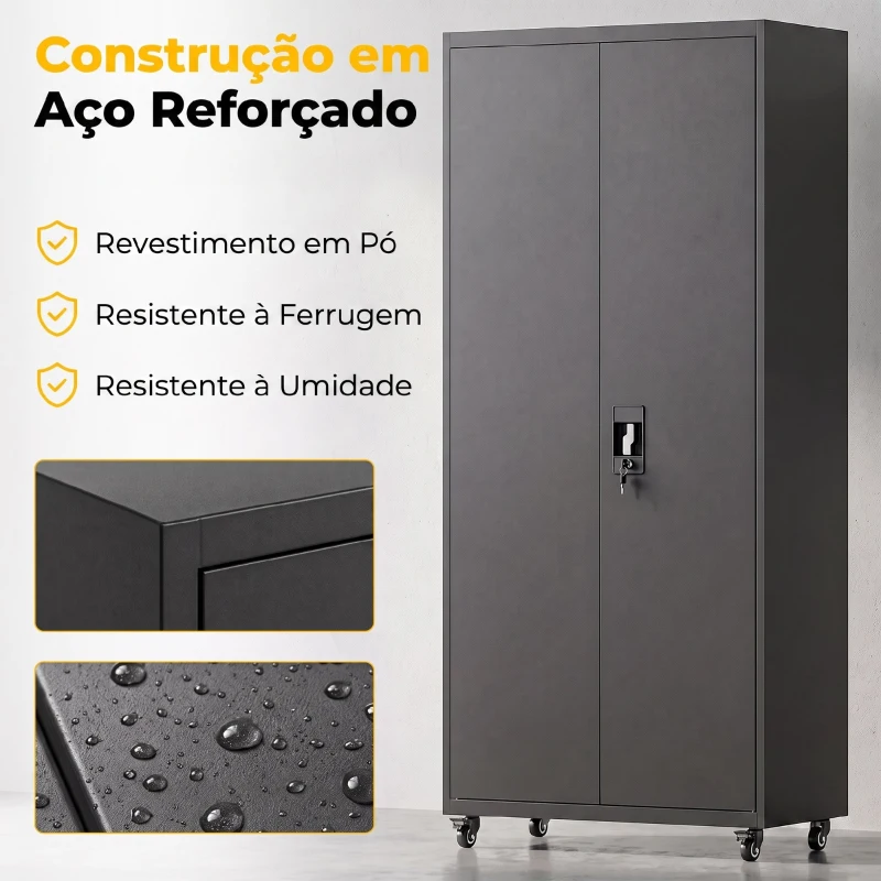 HOMCOM Armário de Ferramentas em Aço 180 cm com Rodas Amovíveis, Prateleiras Ajustáveis e Carga 250 kg para Garagem, Preto