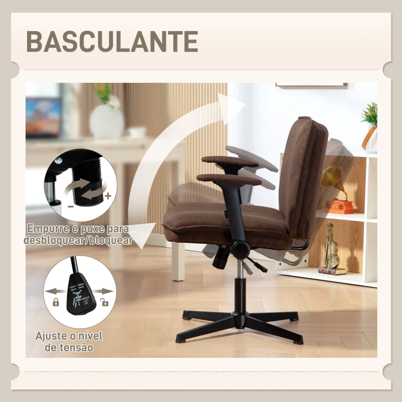 HOMCOM Cadeira de Escritório com Apoios de Braço Rebatíveis Assento  Altura Ajustável  Função Basculante 76x70x85-97 cm Castanho