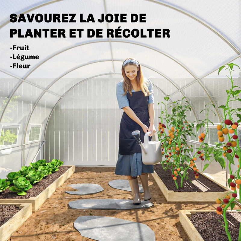 Outsunny Serre de jardin tunnel 24m² 8L x 3l x 2H m - 16 fenêtres, Porte zippée enroulable acier galvanisé, bâche PE, Blanc