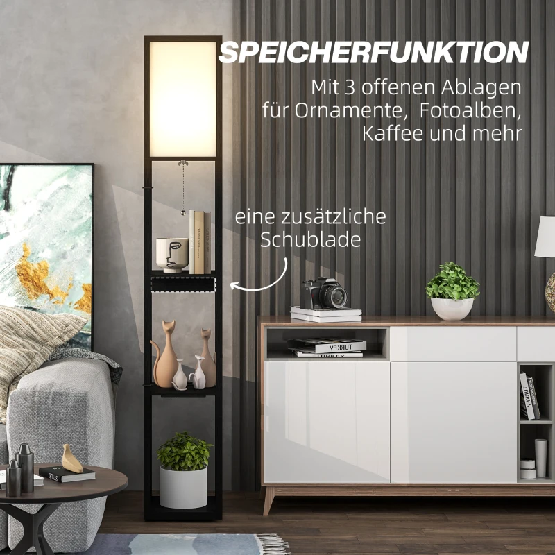 HOMCOM Stehlampe mit 3-stufigem Regal, Fußschalter, USB-Anschlüssen, MDF, Schwarz
