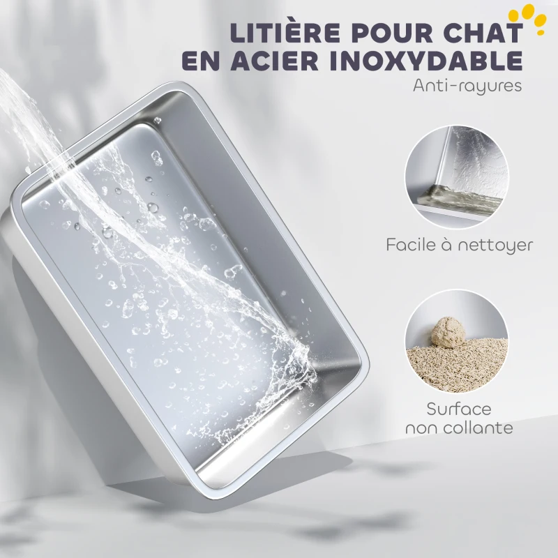 PawHut Bac à litière fermé XL en acier inoxydable, maison de toilette pour grand chat, 60,2 x 40,2 x 43,3 cm, gris clair