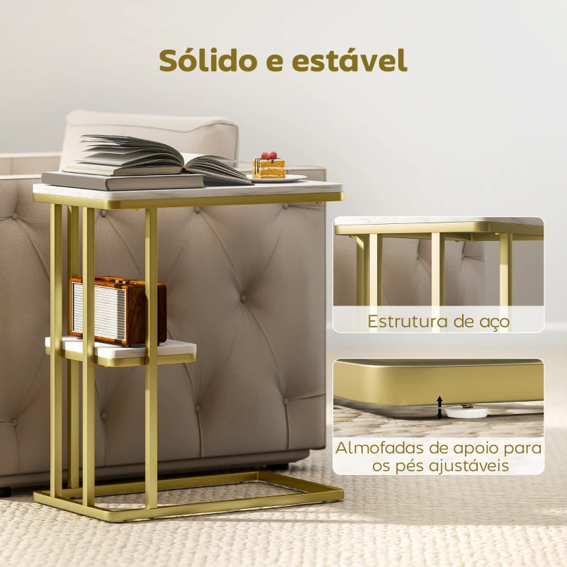 HOMCOM Mesa Auxiliar Estrutura em C Mesa Auxiliar Estreita de 2 Níveis com Prateleira 50x30x57,5 cm Branco Efeito Mármore