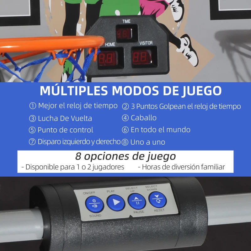 HOMCOM Juego de Canastas Plegable, Máquina de Baloncesto Juguete Contador y Marcador Electrónico, con Soporete de Acero, Red, Cesta de Baloncesto, 4 Baloncestos, 205x110x205 cm