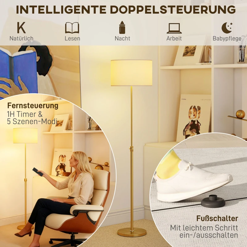 HOMCOM Stehlampe mit Fernbedienung, höhenverstellbar, Stoffschirm, Metallständer, anpassbare Helligkeit, Fußschalter, Goldfarben
