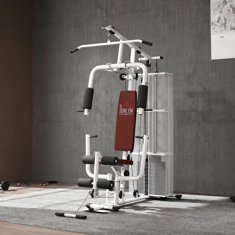 HOMCOM Stație de Fitness Multifuncțională pentru Acasă și Sală, cu 4 Perne din Oțel și PU, 150x110x210 cm, Alb