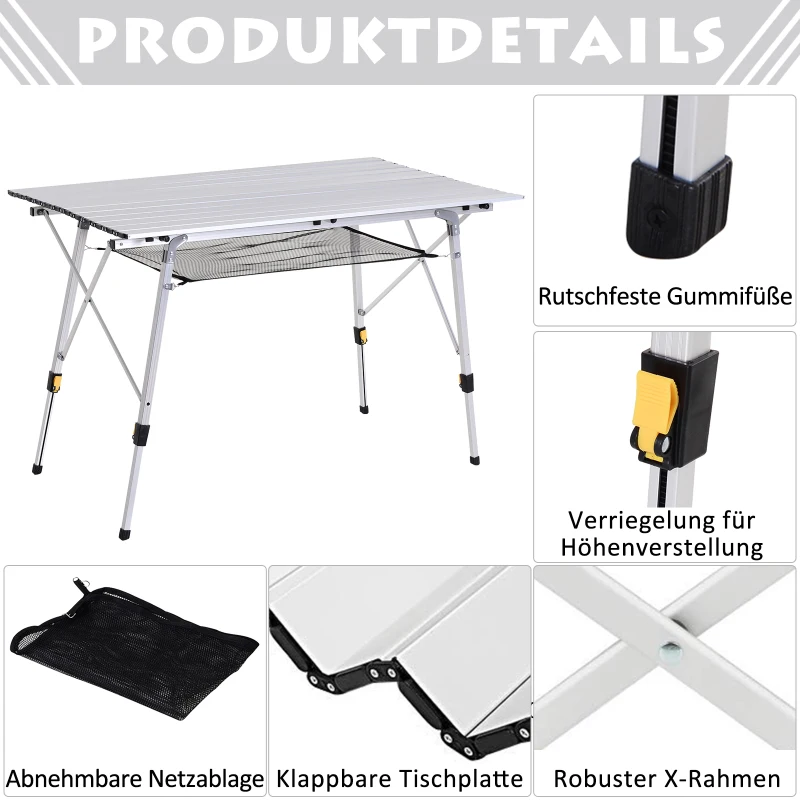 Outsunny Picknick Klapptisch, Falttisch, Höhenverstellbarer Campingtisch, Inkl. Tragetasche, Aluminium, Silber, 120 x 69 x 59-78 cm
