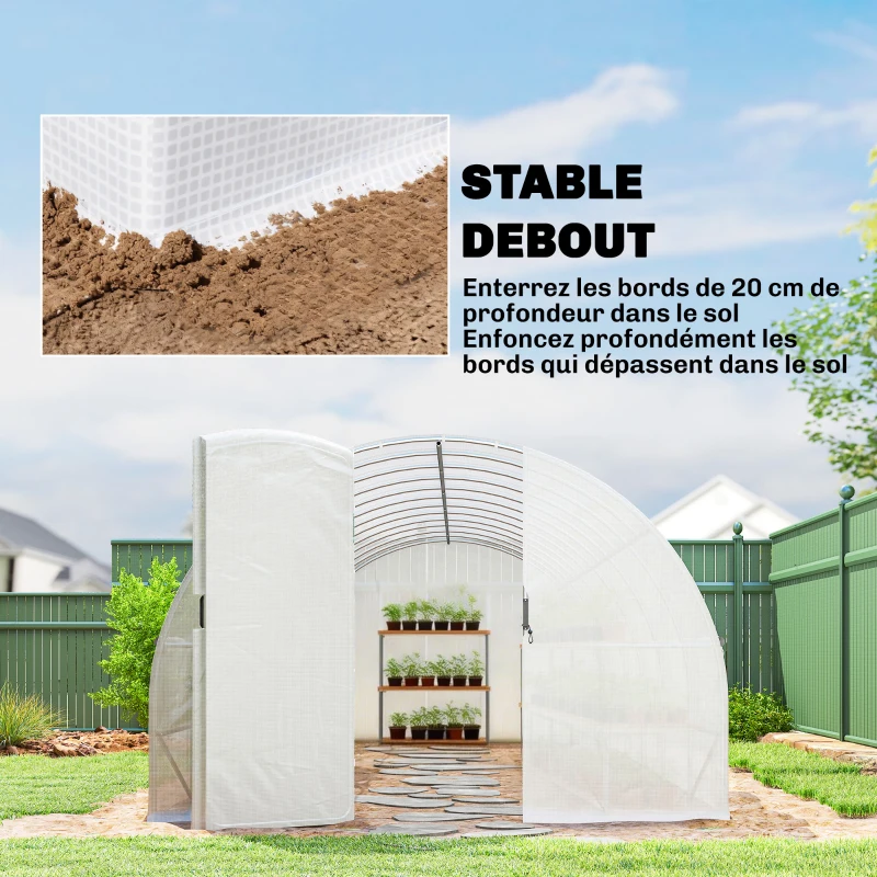 Outsunny Serre tunnel de jardin 24m², serre de jardin tunnel avec portes et 12 fenêtres avec moustiquaires, 295x798x199cm, blanc