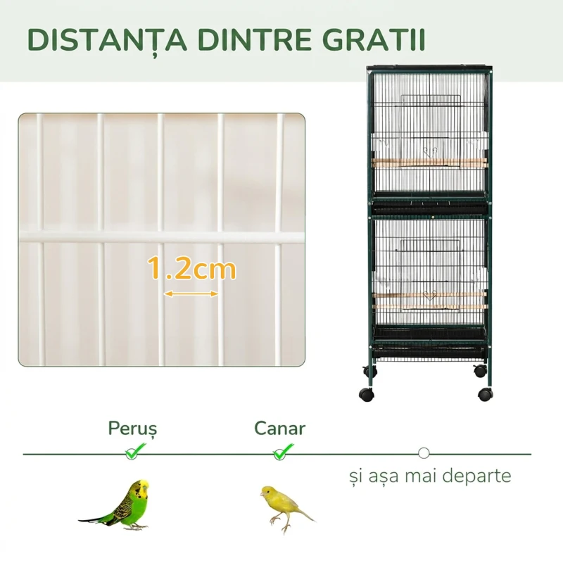 PawHut Colivie volieră de interior pentru păsări, cu roți și tăvi detașabile, 51,5x50x140 cm, verde închis