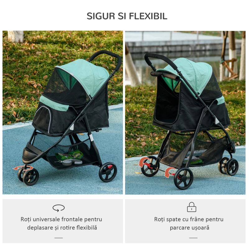 PawHut Cărucior pentru câini mici, pliabil, cu 3 roți, acoperire de ploaie și coș, verde