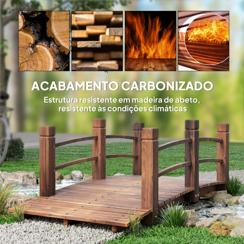 Outsunny Ponte de Jardim de Madeira com Corrimão Ponte Decorativa para Pátio 152,5x67x48 cm Madeira Carbonizada