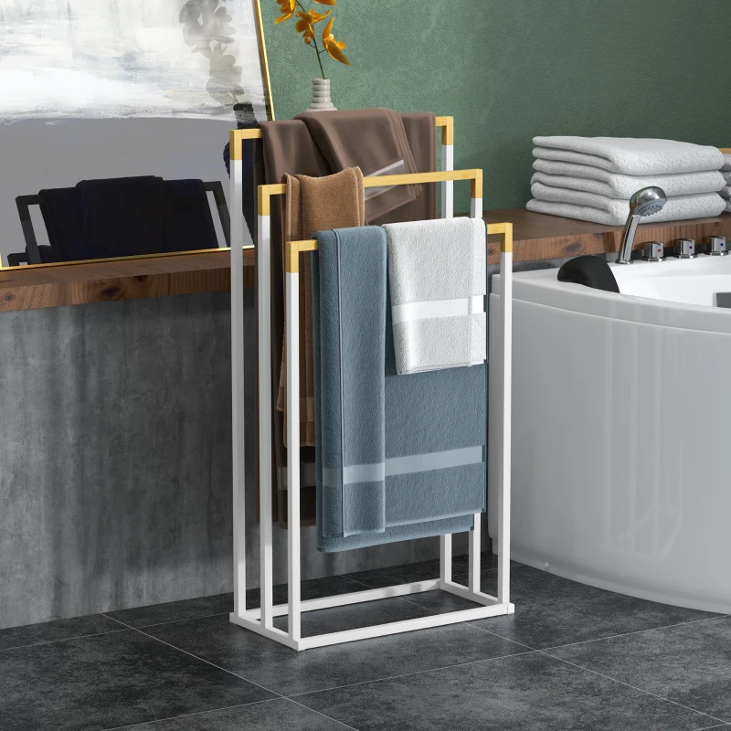 kleankin Toalheiro de Pé de 3 Níveis em Forma de Escada com 3 Barras de Bambu e Estrutura de Aço 45x22,5x86 cm Branco e Madeira