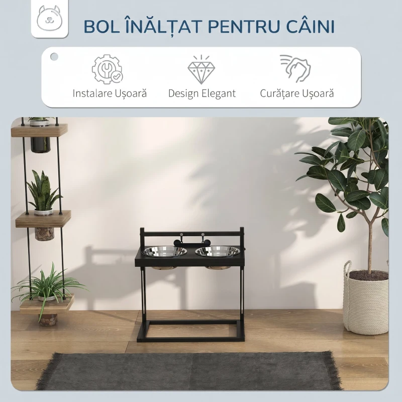 PawHut Suport Boluri pentru Câini Ridicat cu Înălțime Reglabilă, 2 Boluri din Oțel de 900ml, Negru