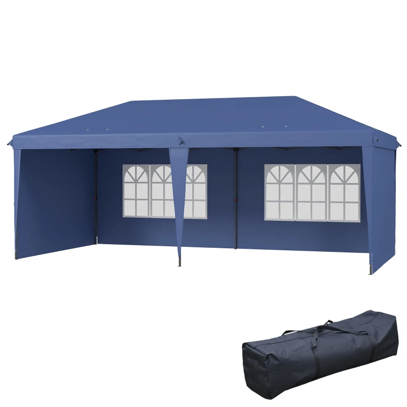 Outsunny Tenda Dobrável 6x3 m Pop-up com 4 Laterais Desmontáveis Tenda de Jardim com 2 Janelas Visíveis Saco de Transporte Azul