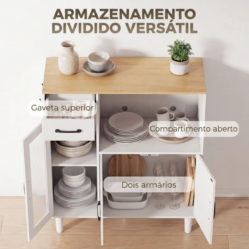 HOMCOM Aparador de Cozinha Moderno com Porta de Acrílico, Gaveta Prateleira Ajustável Compartimento Aberto, 80x34x91 cm Branco