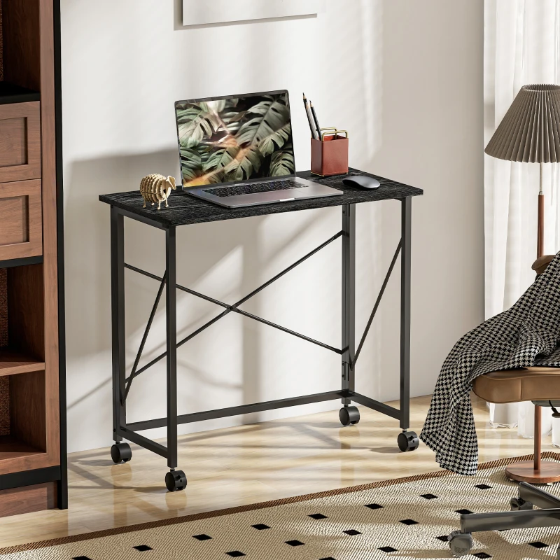 HOMCOM Secretária Dobrável com Rodas Mesa de Secretária Compacta Portátil para Espaços Pequenos 80x40x75 cm Preto