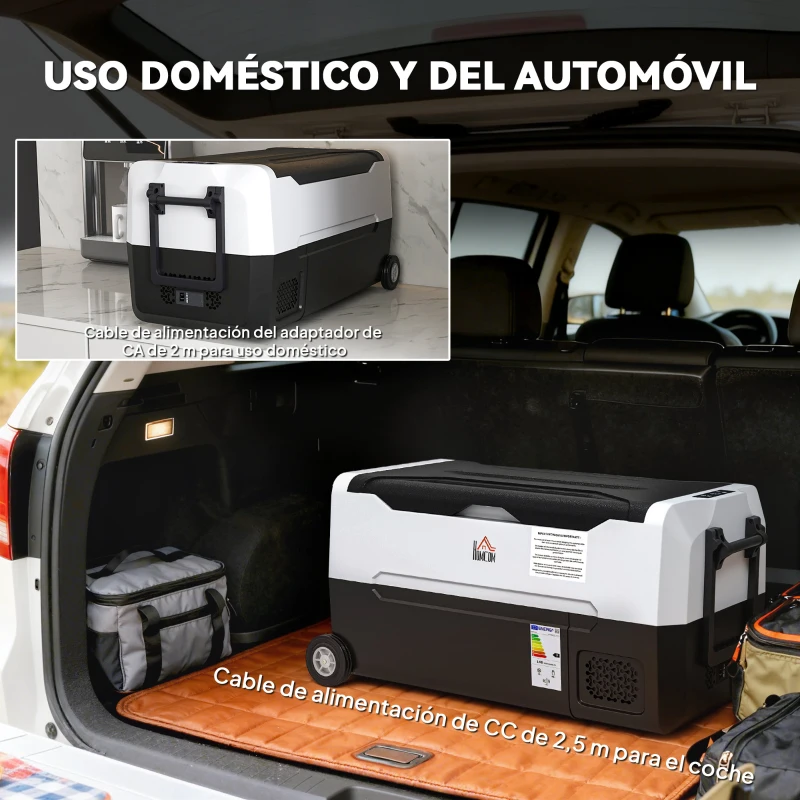 HOMCOM Nevera Compresor 30,5L -20℃-20℃ 12 / 24V DC y 100-240V CA con 2 Ruedas y Compartimento Congelador 72,6x39x37,3 cm Negro