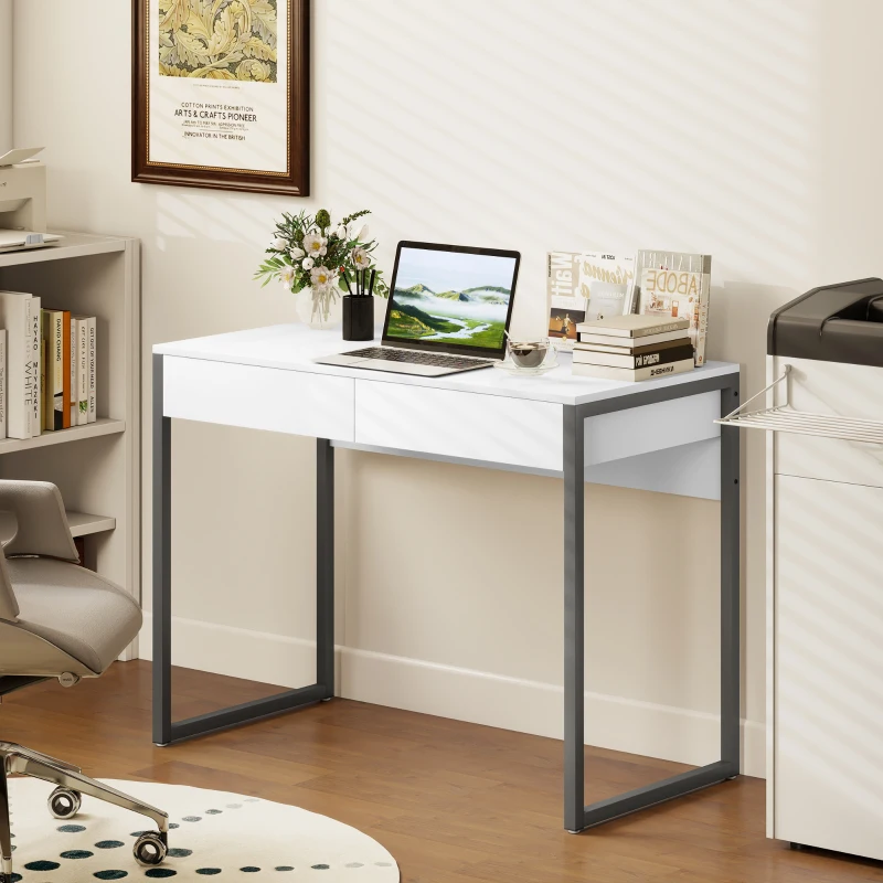 HOMCOM Secretária com 2 Gavetas 100x50 cm Mesa de Computador Pernas de Aço para Casa Escritório Espaços Pequenos Branco Brilhante