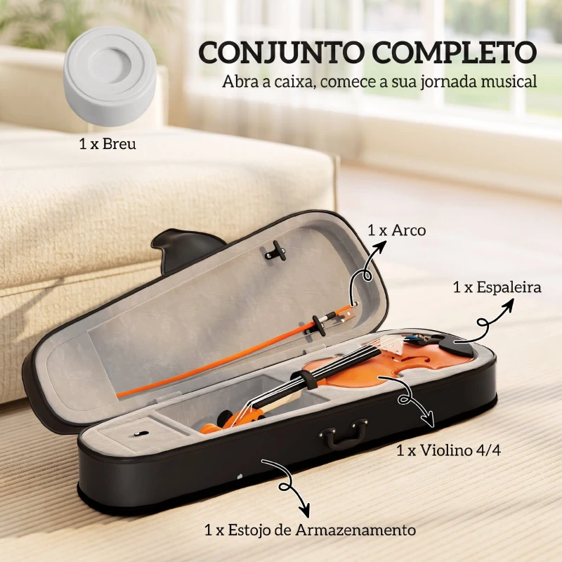 HOMCOM Violino 4/4 em Madeira com Estojo, Arco, Breu, Microafinadores, Cordas e Apoio de Ombro, Castanho