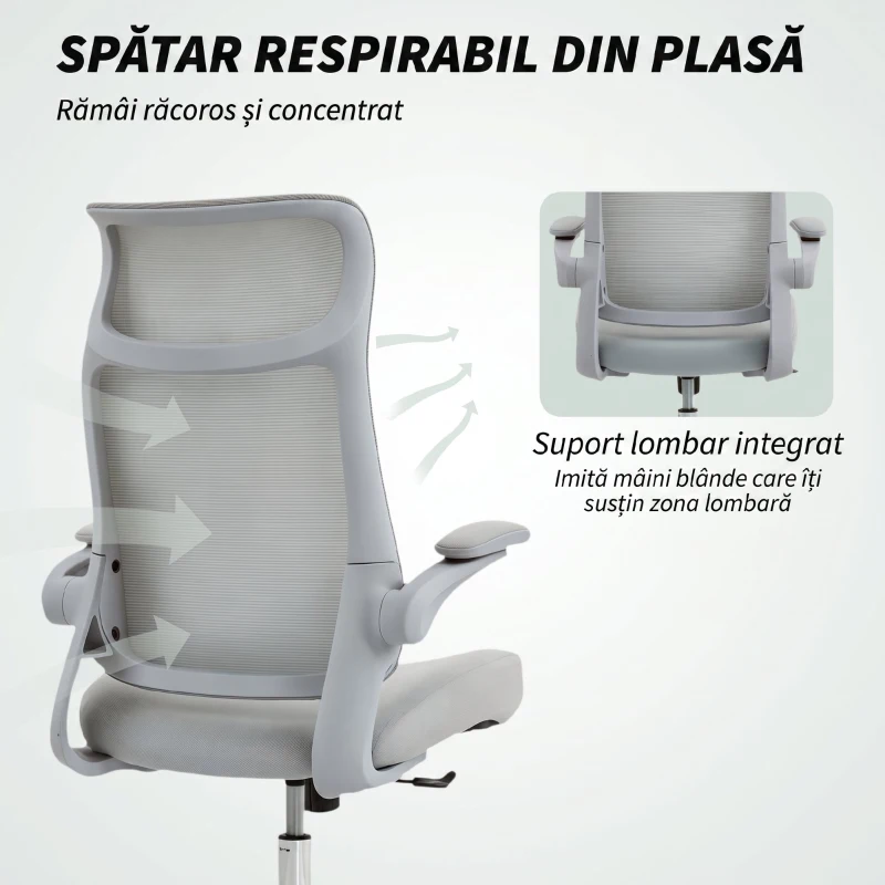 HOMCOM Scaun de Birou Ergonomic cu Brațe Reglabile, Spătar din Plasă și Tetieră, Gri