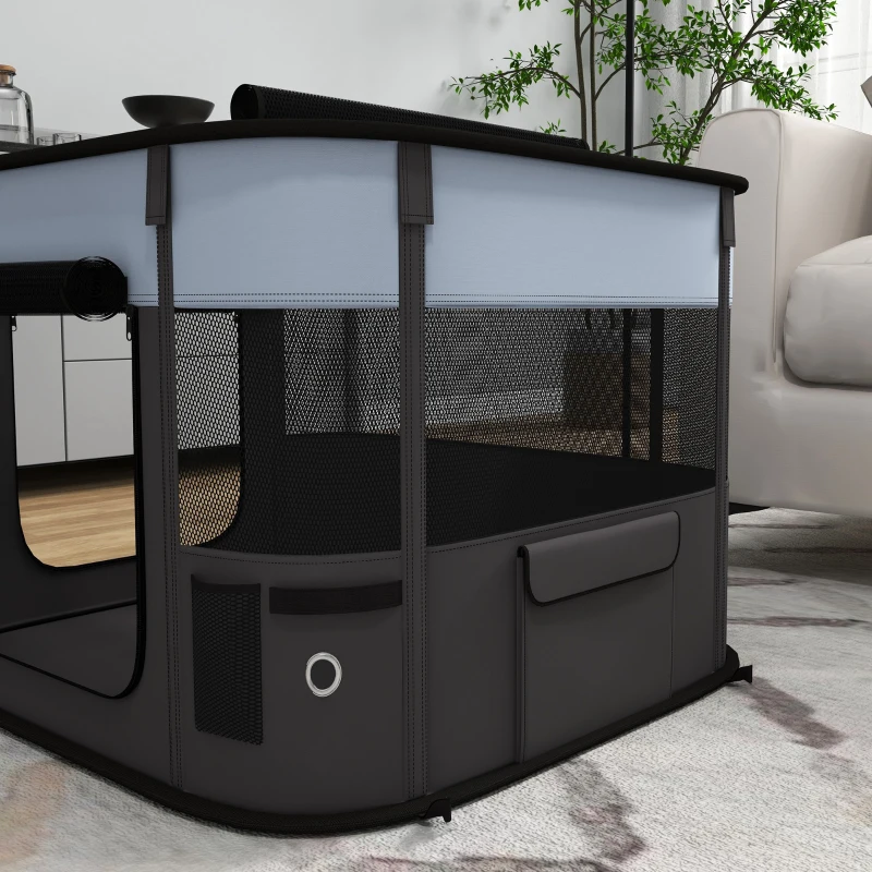 PawHut Parc pentru câini și pisici, tarc pliabil portabil pentru căței iepuri și porcușori de Guineea țesătură Oxford 74x60x45 cm Gri
