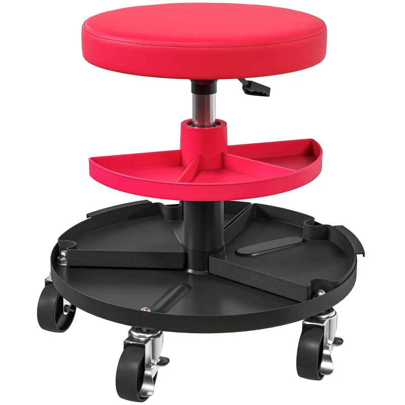 HOMCOM Scaun de Atelier cu Roți de 6 cm, Capacitate până la 135 kg, Înălțime Reglabilă 40-51 cm, cu Tăvi pentru Scule, Roșu