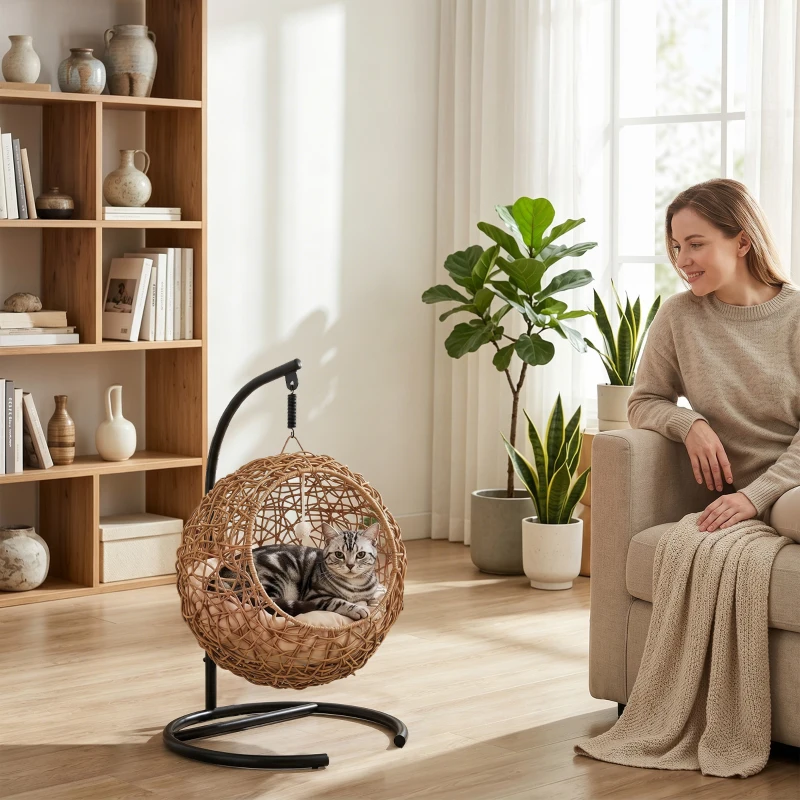PawHut Katzenbett Rattan Katzenhöhle mit Waschbarem Kissen und Spielball, für Katzen bis 10 kg, 45 x 41 x 75 cm, Hellbraun