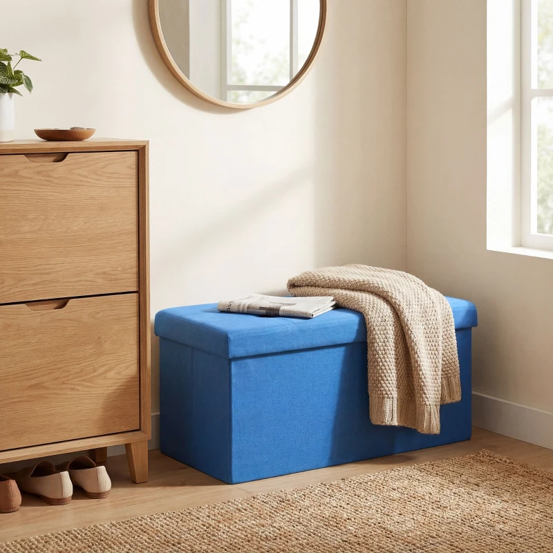 HOMCOM Puff de Armazenamento Banco de Armazenamento Dobrável 84 L 76x38x38 cm Estofado em Linho Sintético Azul Claro
