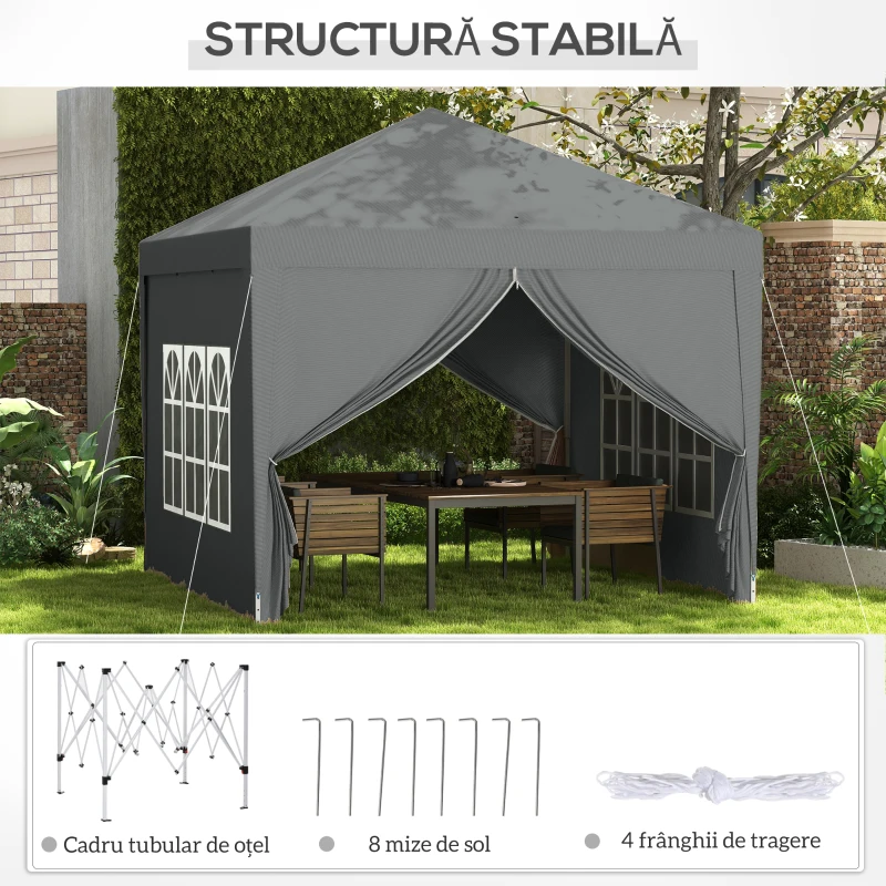 Outsunny Foișor de Exterior 3x3 m Pliabil cu 4 Panouri Laterale, din Oțel și Material Oxford, Gri Deschis