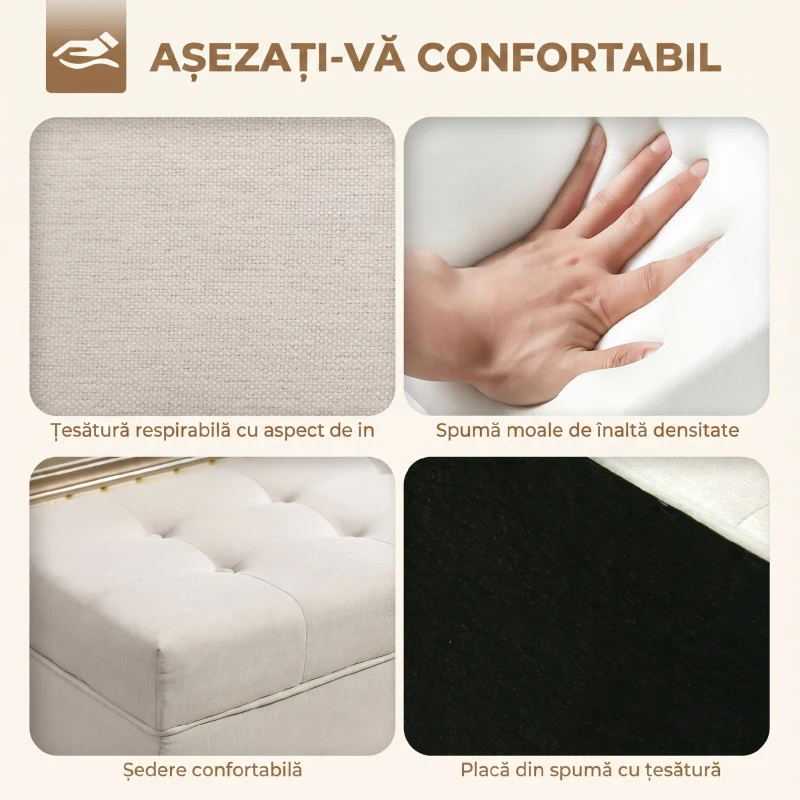 HOMCOM Bancă de Depozitare de 80L Tapițată cu Material Textil și Picioare din Lemn, 118x42x45 cm, Crem