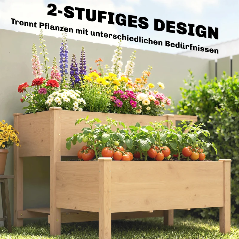 Outsunny Hochbeet 2-stufig erhöhter Pflanzkasten mit Vliesstoff Abflussloch, Holz 119,5 x 102 x 76,5 cm Hellbraun
