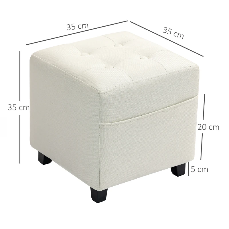 HOMCOM Repose pied salon, ottoman, siège rembourré capitonné en tissu aspect lin avec poche latérale, 35 x 35 x 35 cm, crème
