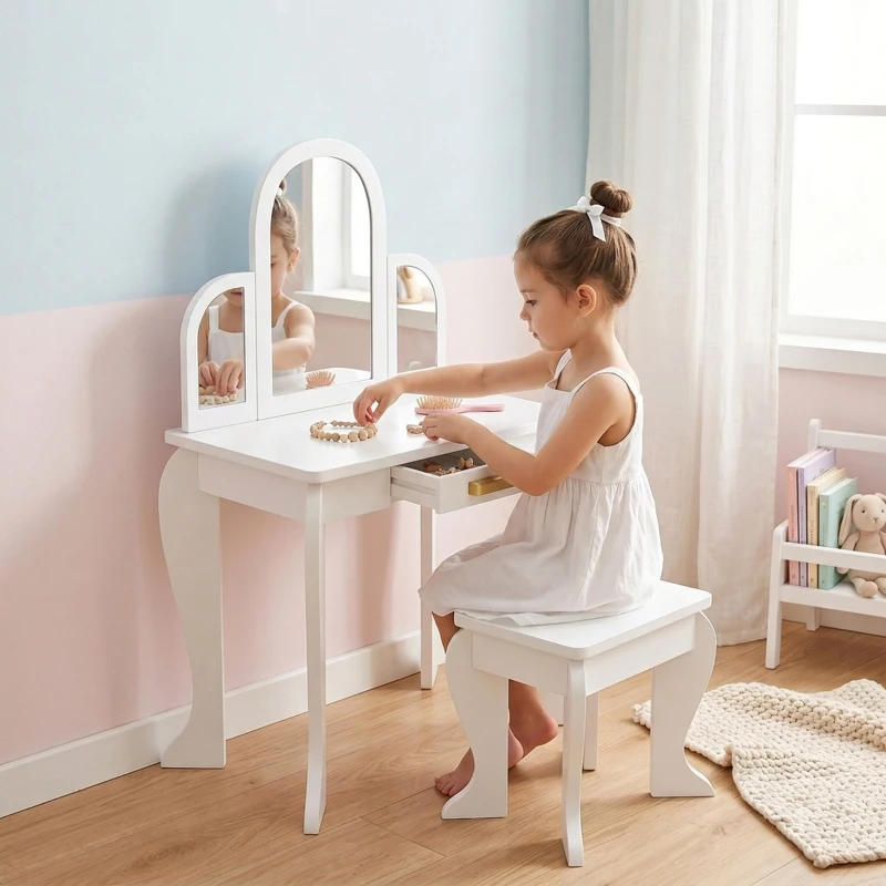 HOMCOM Toucador para Crianças com Espelho e Banco Toucador de Maquilhagem para Crianças de 3 a 6 Anos 52x32x85 cm Branco