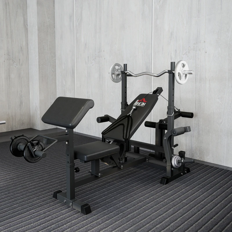 HOMCOM Multifunktion Hantelbank Trainingsbank mit Langhantel-Ablage verstellbar Schrägbank Kraftstation Fitnessstation Stahl Kunstleder 210 x 110 x 103-123 cm